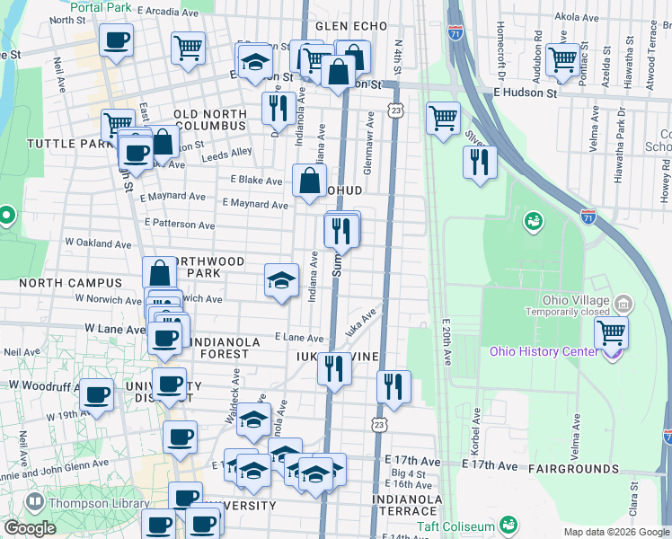 map of restaurants, bars, coffee shops, grocery stores, and more near Summit Street & Alden Avenue in Columbus