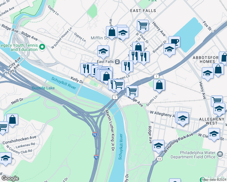 map of restaurants, bars, coffee shops, grocery stores, and more near 4153 Ridge Avenue in Philadelphia