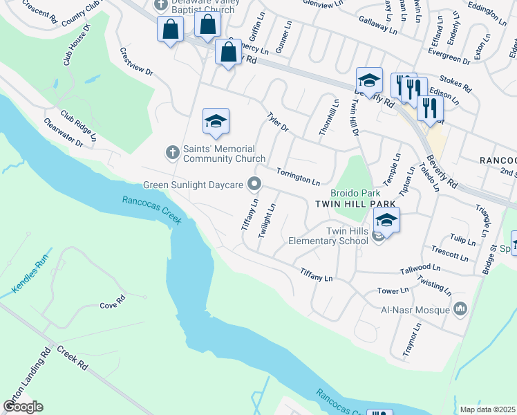 map of restaurants, bars, coffee shops, grocery stores, and more near 36 Twilight Lane in Willingboro