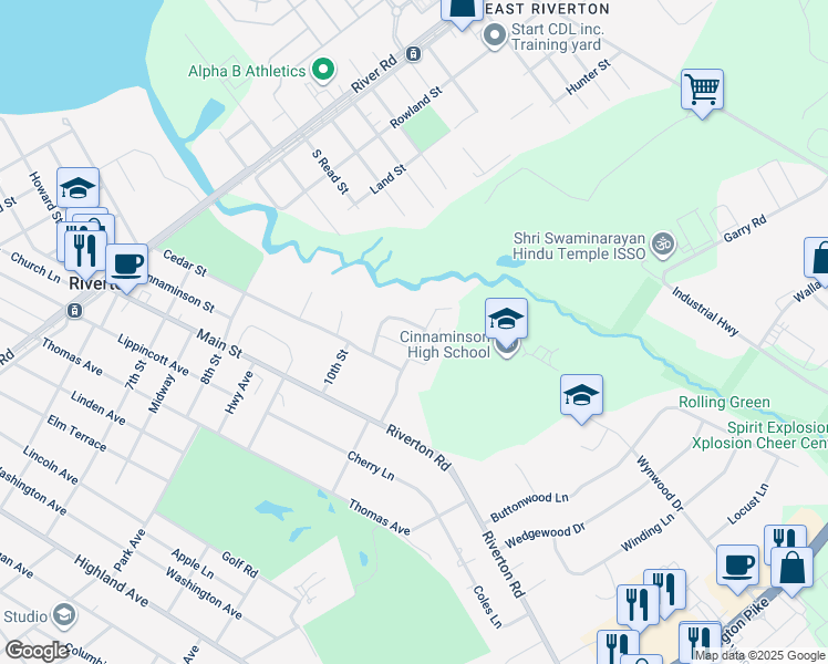 map of restaurants, bars, coffee shops, grocery stores, and more near 18 Laurel Road in Riverton