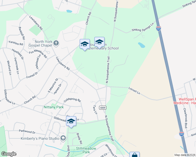 map of restaurants, bars, coffee shops, grocery stores, and more near 2800 North Susquehanna Trail in York