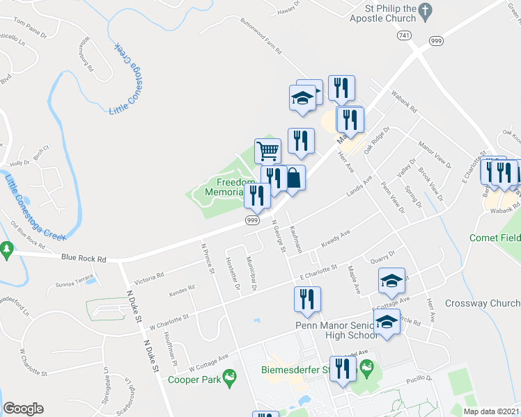 map of restaurants, bars, coffee shops, grocery stores, and more near 9 Blue Rock Road in Millersville