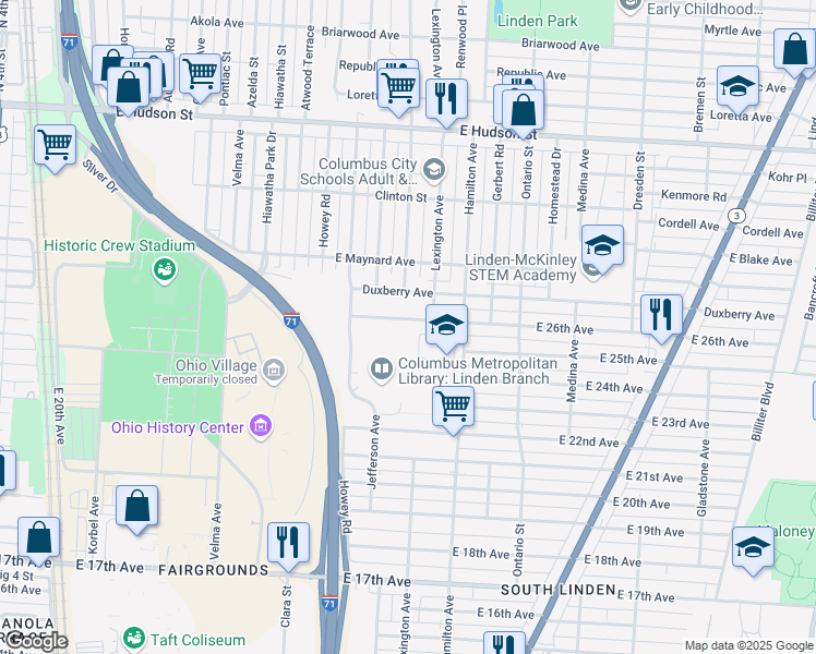 map of restaurants, bars, coffee shops, grocery stores, and more near 1029 East 26th Avenue in Columbus