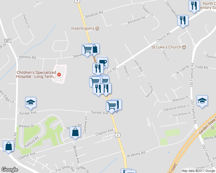 map of restaurants, bars, coffee shops, grocery stores, and more near 1603 U.S. 9 in Toms River