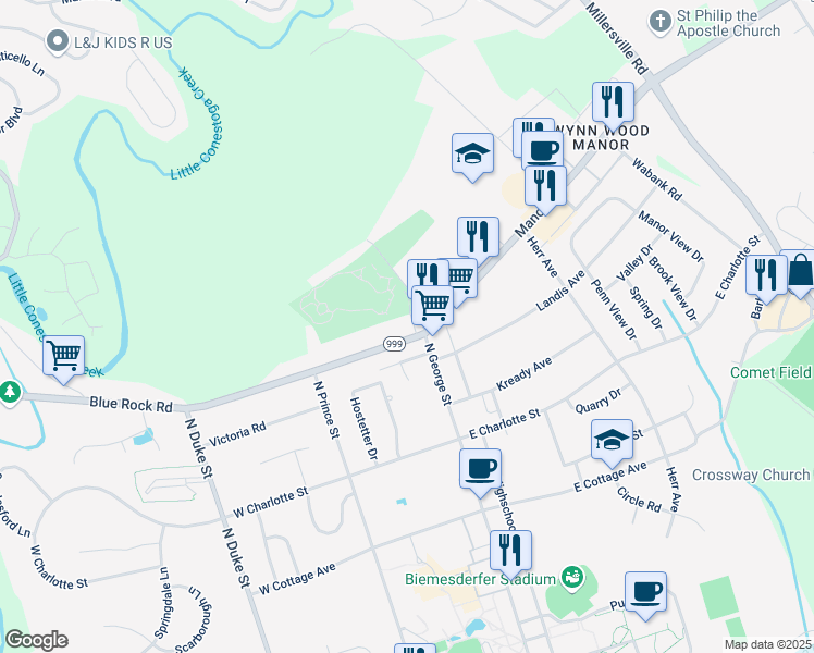 map of restaurants, bars, coffee shops, grocery stores, and more near 9 Blue Rock Road in Millersville