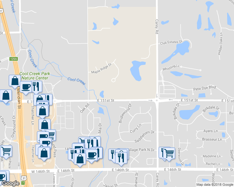 map of restaurants, bars, coffee shops, grocery stores, and more near 2904 East 151st Street in Carmel