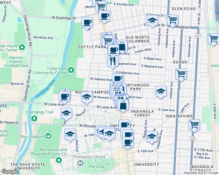 map of restaurants, bars, coffee shops, grocery stores, and more near 34 West Northwood Avenue in Columbus