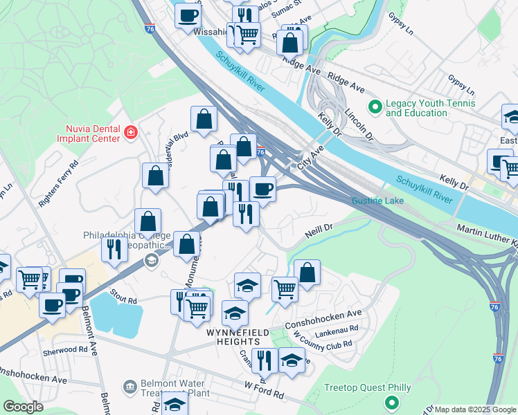 map of restaurants, bars, coffee shops, grocery stores, and more near 3900 East City Avenue in Philadelphia