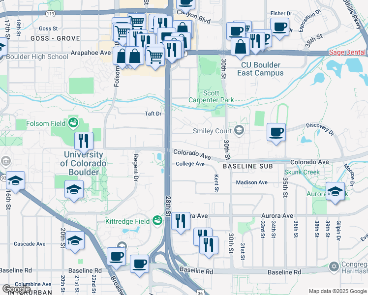map of restaurants, bars, coffee shops, grocery stores, and more near 2920 Pennsylvania Avenue in Boulder