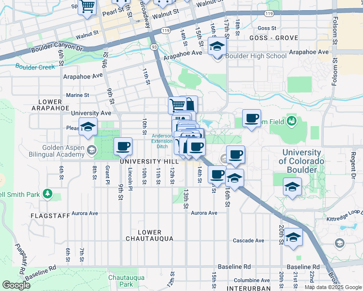 map of restaurants, bars, coffee shops, grocery stores, and more near 1130 13th Street in Boulder