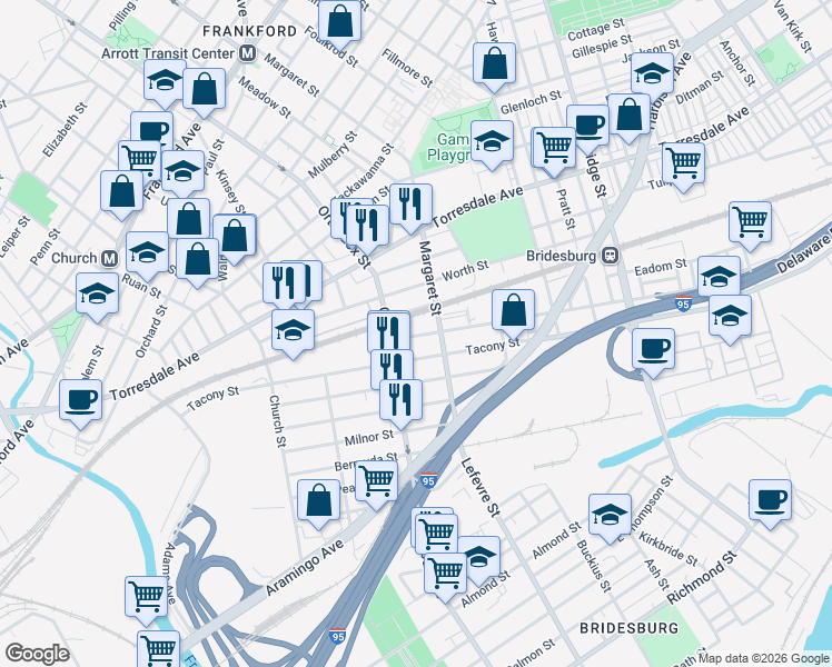 map of restaurants, bars, coffee shops, grocery stores, and more near 2217 Orthodox Street in Philadelphia