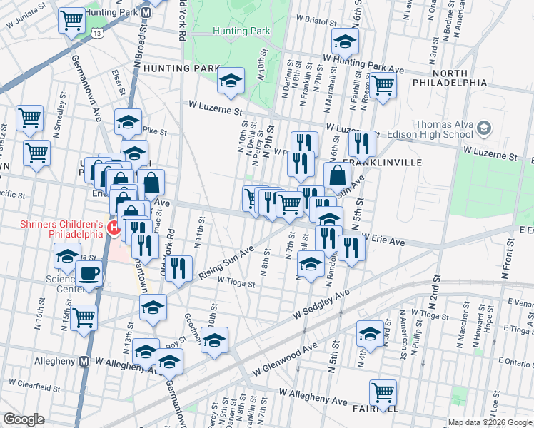 map of restaurants, bars, coffee shops, grocery stores, and more near 816 West Erie Avenue in Philadelphia