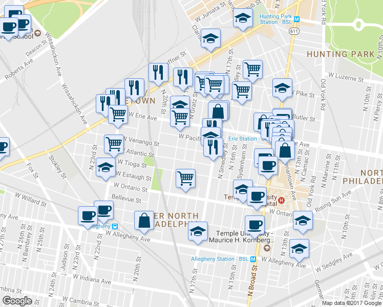 map of restaurants, bars, coffee shops, grocery stores, and more near 3532 North Gratz Street in Philadelphia