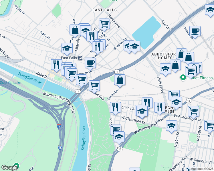 map of restaurants, bars, coffee shops, grocery stores, and more near 4055 Ridge Avenue in Philadelphia