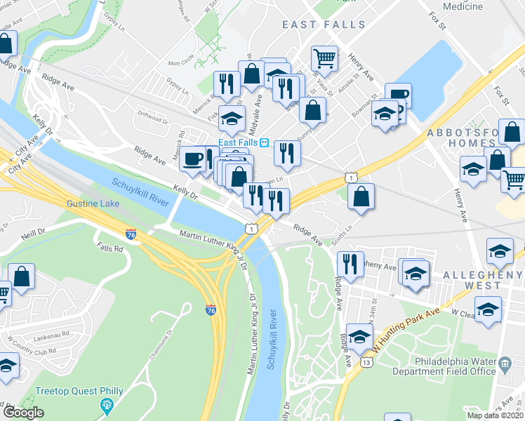 map of restaurants, bars, coffee shops, grocery stores, and more near in Philadelphia
