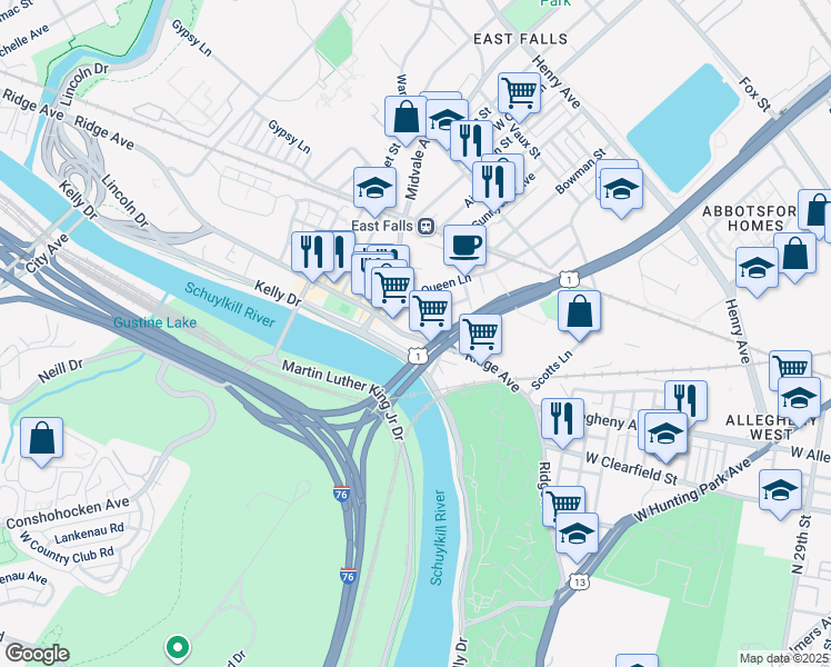 map of restaurants, bars, coffee shops, grocery stores, and more near in Philadelphia