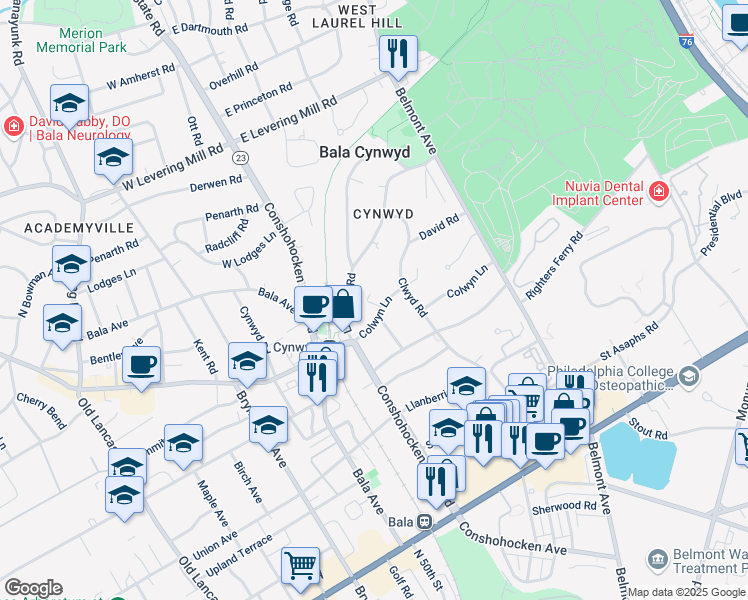 map of restaurants, bars, coffee shops, grocery stores, and more near 18 Colwyn Lane in Bala Cynwyd
