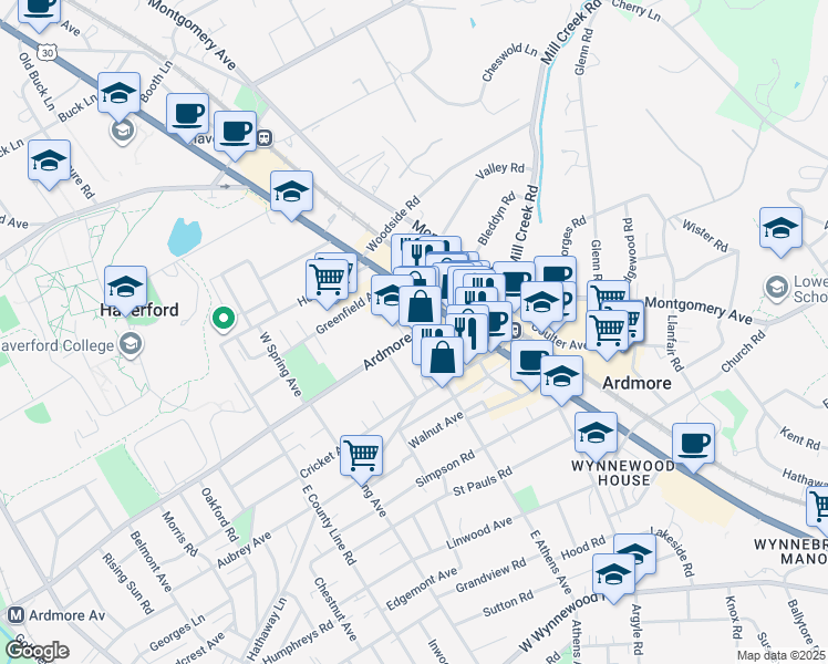 map of restaurants, bars, coffee shops, grocery stores, and more near 35 Ardmore Avenue in Ardmore