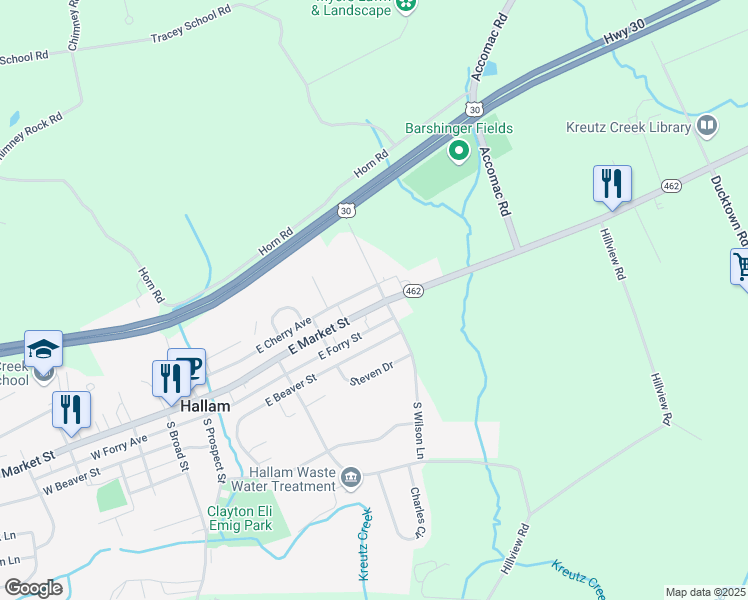 map of restaurants, bars, coffee shops, grocery stores, and more near 433 East Market Street in Hallam
