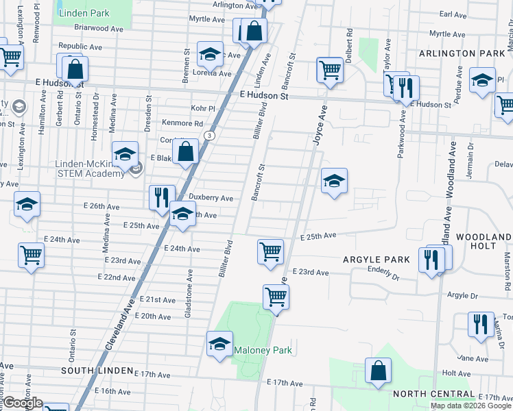 map of restaurants, bars, coffee shops, grocery stores, and more near 1636 East 26th Avenue in Columbus