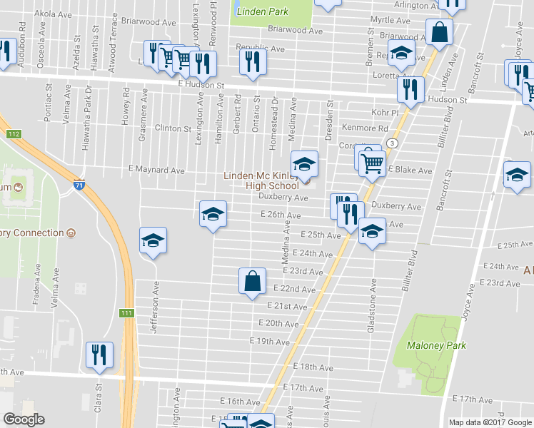 map of restaurants, bars, coffee shops, grocery stores, and more near 1249 East 26th Avenue in Columbus