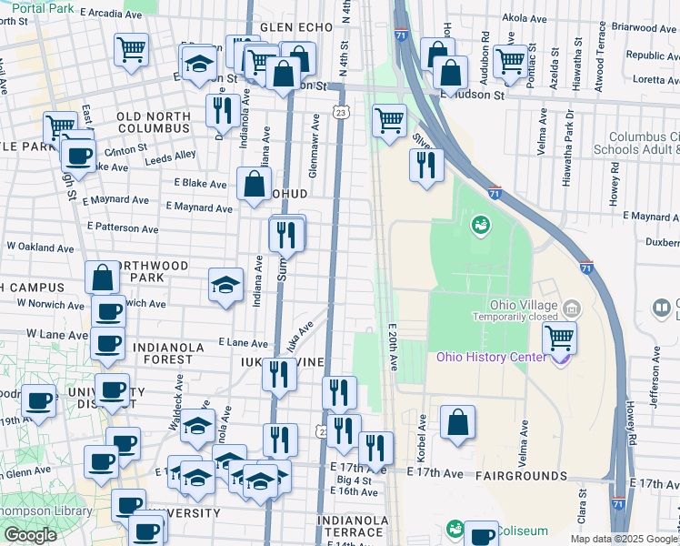 map of restaurants, bars, coffee shops, grocery stores, and more near in Columbus