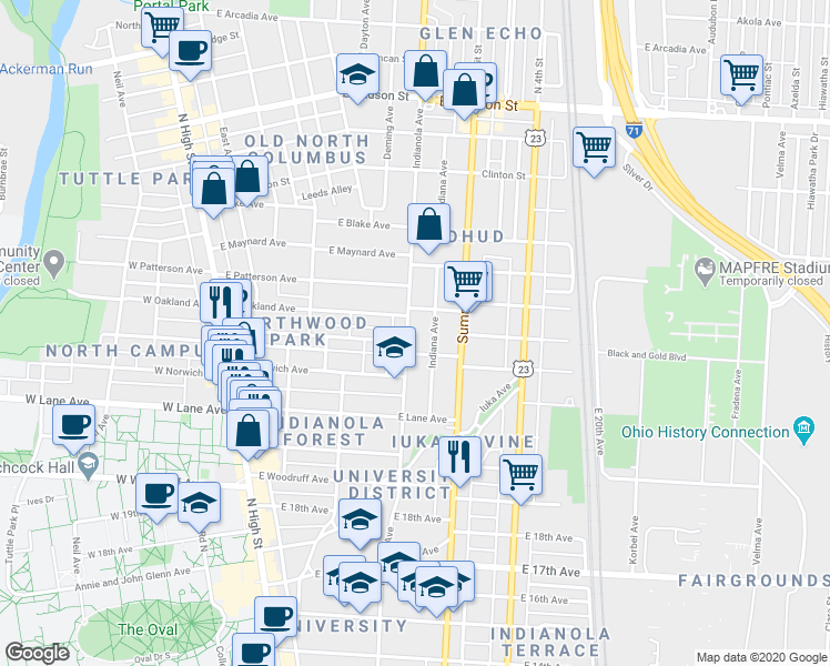 map of restaurants, bars, coffee shops, grocery stores, and more near in Columbus