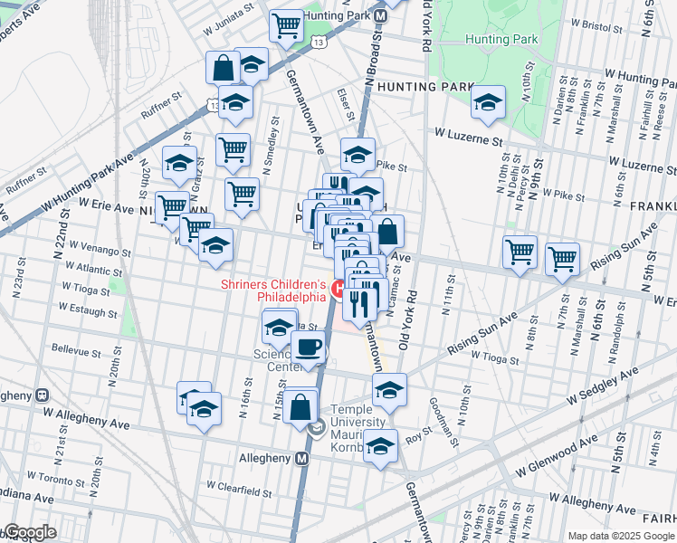 map of restaurants, bars, coffee shops, grocery stores, and more near North Broad Street in Philadelphia