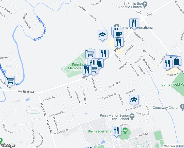 map of restaurants, bars, coffee shops, grocery stores, and more near 1 Manor Avenue in Millersville