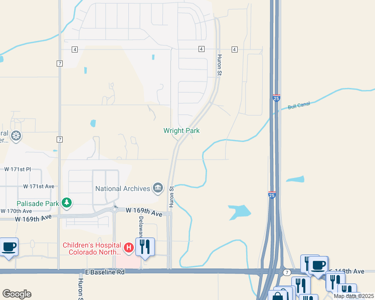 map of restaurants, bars, coffee shops, grocery stores, and more near 17200 Huron Street in Dacono