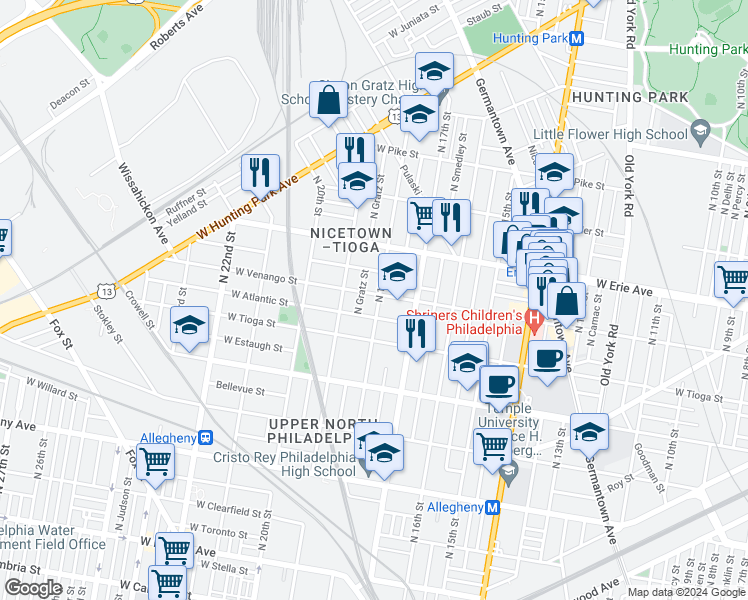 map of restaurants, bars, coffee shops, grocery stores, and more near 3548 North 18th Street in Philadelphia