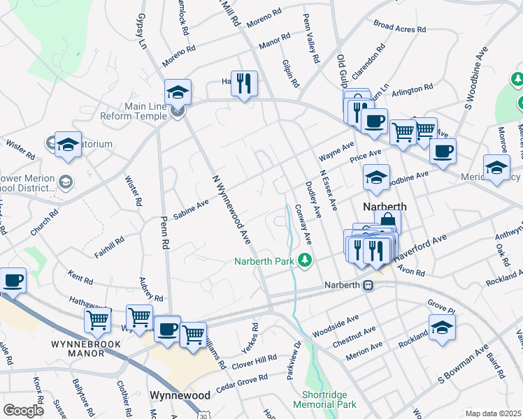 map of restaurants, bars, coffee shops, grocery stores, and more near 109 Foxhall Lane in Narberth