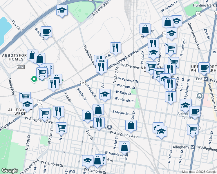 map of restaurants, bars, coffee shops, grocery stores, and more near 2215 West Tioga Street in Philadelphia