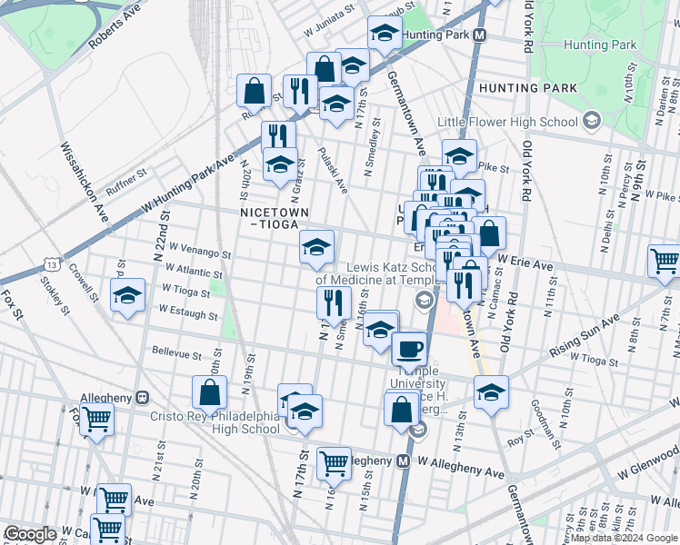 map of restaurants, bars, coffee shops, grocery stores, and more near 1631 West Venango Street in Philadelphia
