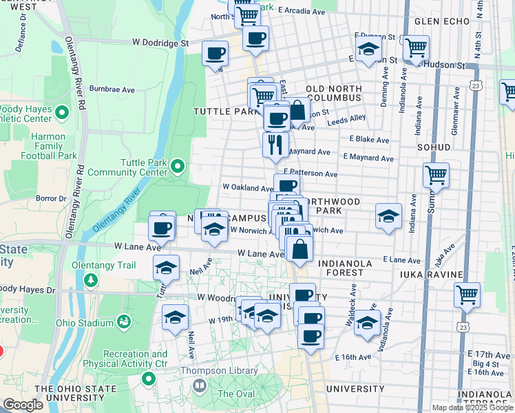 map of restaurants, bars, coffee shops, grocery stores, and more near 60 West Northwood Avenue in Columbus