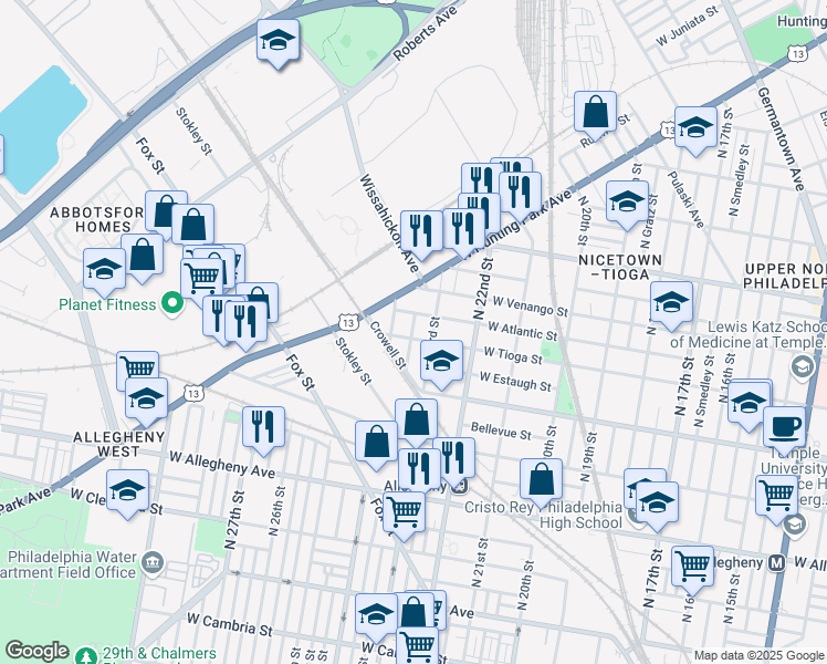 map of restaurants, bars, coffee shops, grocery stores, and more near 2321 West Tioga Street in Philadelphia