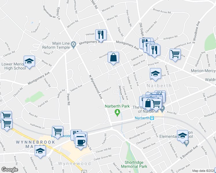 map of restaurants, bars, coffee shops, grocery stores, and more near 109 Foxhall Lane in Narberth