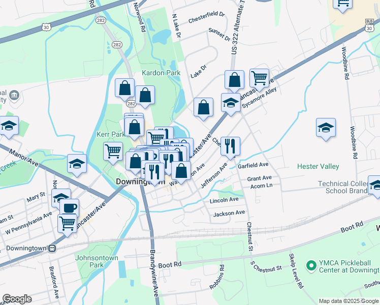 map of restaurants, bars, coffee shops, grocery stores, and more near 335 East Lancaster Avenue in Downingtown