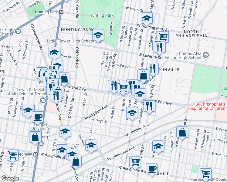 map of restaurants, bars, coffee shops, grocery stores, and more near 811 West Erie Avenue in Philadelphia