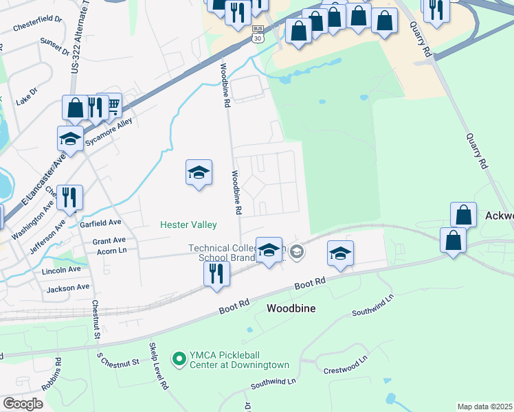 map of restaurants, bars, coffee shops, grocery stores, and more near 310 South Orchard Street in Downingtown