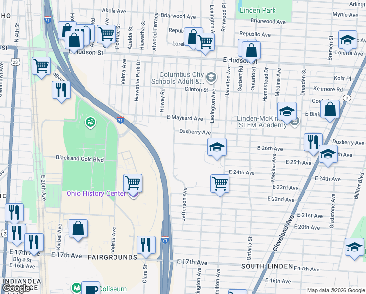 map of restaurants, bars, coffee shops, grocery stores, and more near 975 East 26th Avenue in Columbus