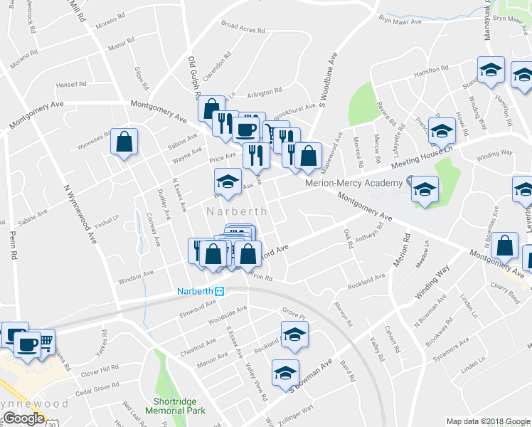 map of restaurants, bars, coffee shops, grocery stores, and more near 212 Iona Avenue in Narberth