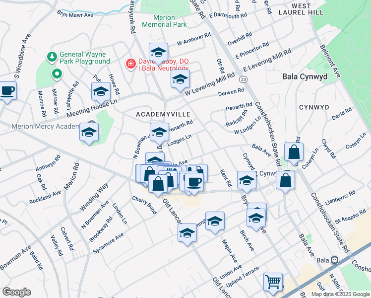 map of restaurants, bars, coffee shops, grocery stores, and more near 404 Pembroke Road in Bala Cynwyd