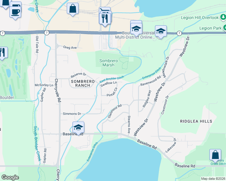 map of restaurants, bars, coffee shops, grocery stores, and more near 1157 Pintail Court in Boulder