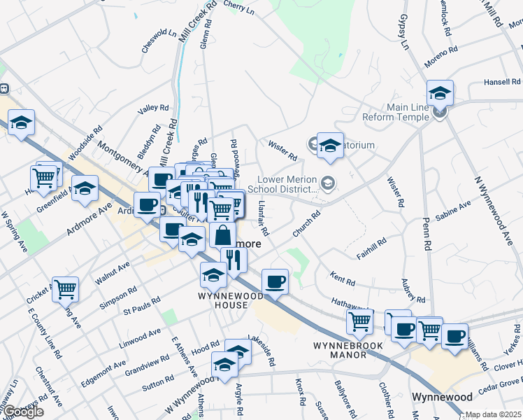 map of restaurants, bars, coffee shops, grocery stores, and more near 38 Llanfair Road in Ardmore