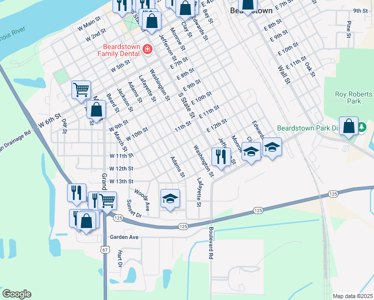 map of restaurants, bars, coffee shops, grocery stores, and more near 1209 Lafayette Street in Beardstown