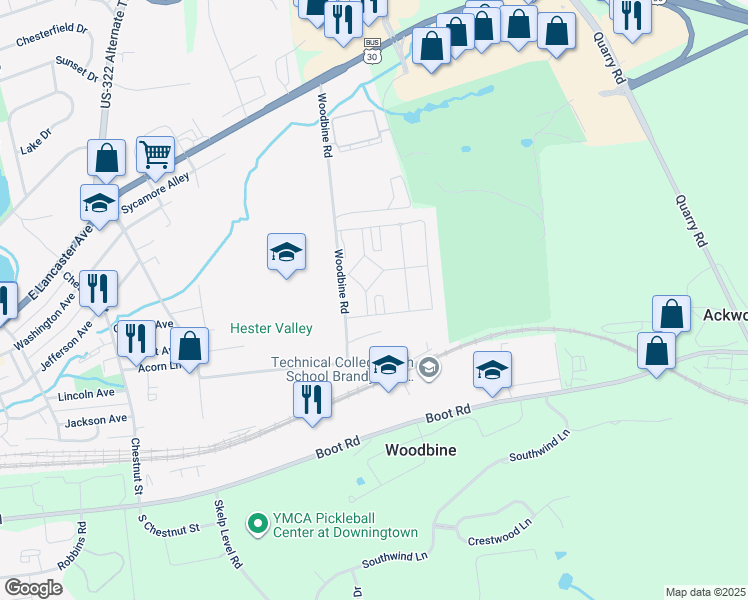 map of restaurants, bars, coffee shops, grocery stores, and more near 310 South Orchard Street in Downingtown