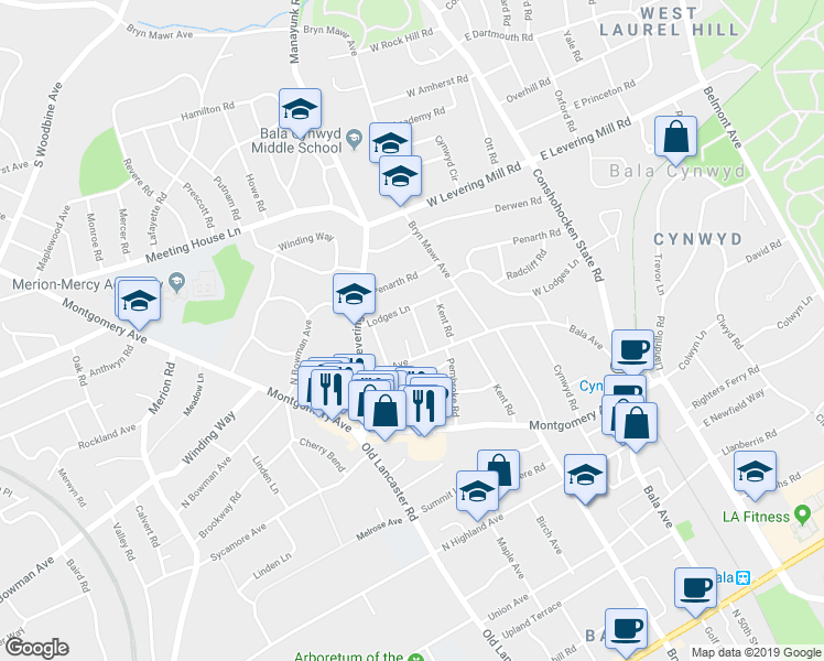 map of restaurants, bars, coffee shops, grocery stores, and more near 404 Pembroke Road in Bala Cynwyd