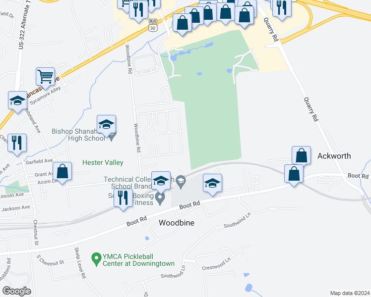 map of restaurants, bars, coffee shops, grocery stores, and more near 183 Bowery Lane in Downingtown