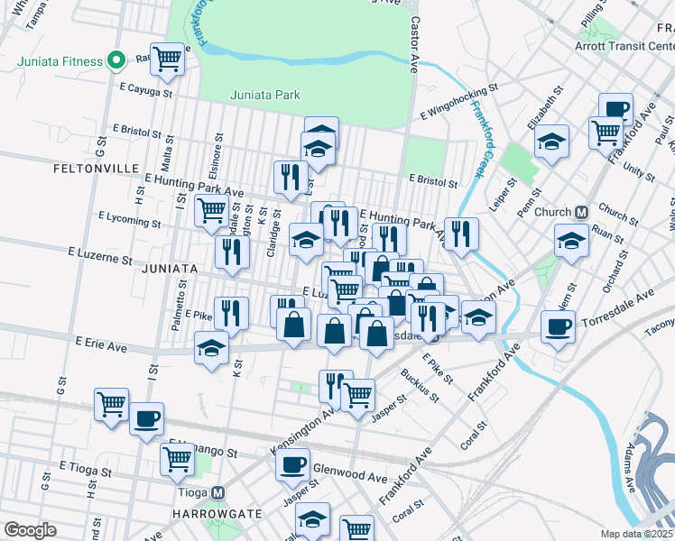 map of restaurants, bars, coffee shops, grocery stores, and more near 4040 M Street in Philadelphia